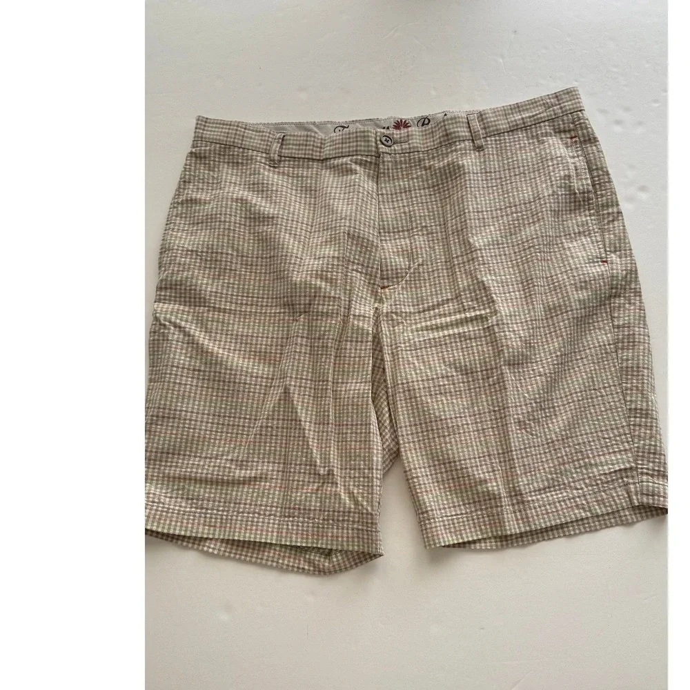 Tommy Bahama Mens Plaid Golf Shorts Size 38 Cotton Tan Green Red Casual